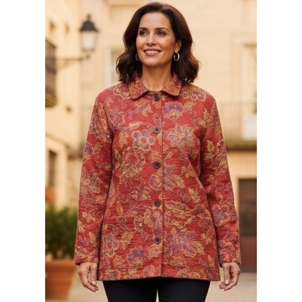 Vintage Diane L. Evans Jacket Women's Sz XS Red Floral Button Front Grandma Boho